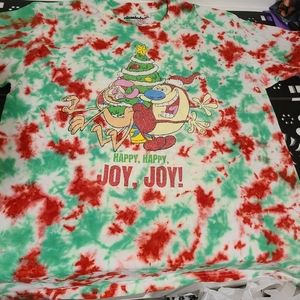 Hand tie dyed ren and Stimpy Christmas shirt